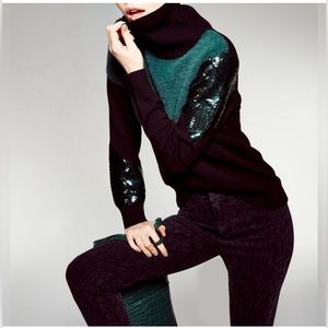 Alfani Black and Green Sequined Long Sleeves knitted Turtleneck Sweater EUC